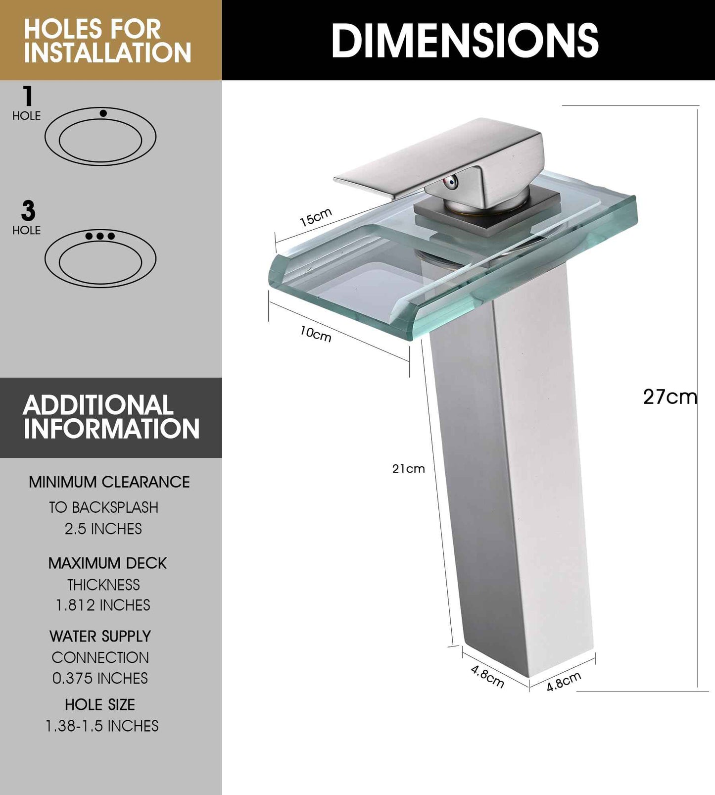 BATH FAMOLI LED Bathroom Sink Faucet, Tall Vessel Sink Faucet, Waterfall Single Handle 1 Hole and 2 Water Supply Lines, Brass Faucet with Open Glass Spout (Tall, Brushed Nickel)
