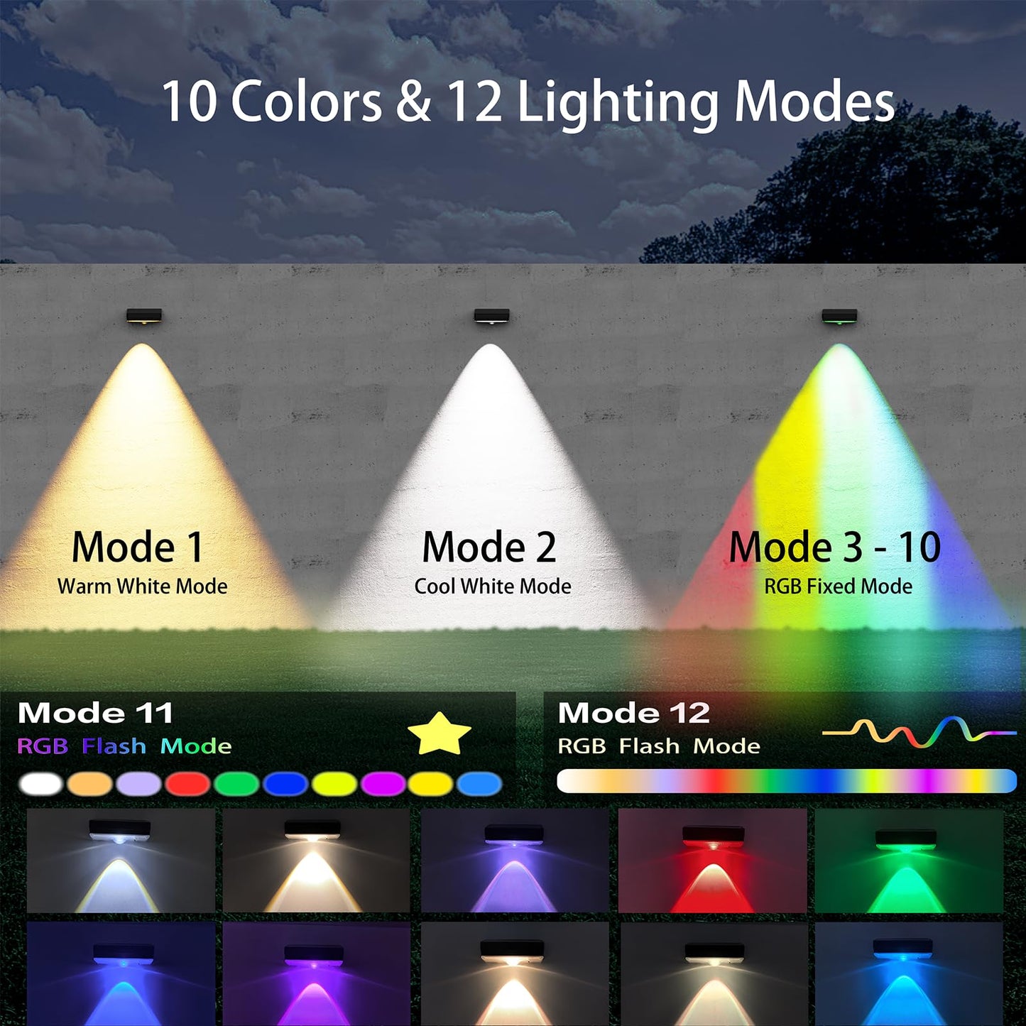 ZSYIQIXI Outdoor Solar Wall Lights, 10 Color Changing LED Spotlights, Warm White/Cool White/RGB, IP44 Waterproof, ABS Material, Solar Safety Lights for Gardens, Courtyards, and Terraces (Black-2P)