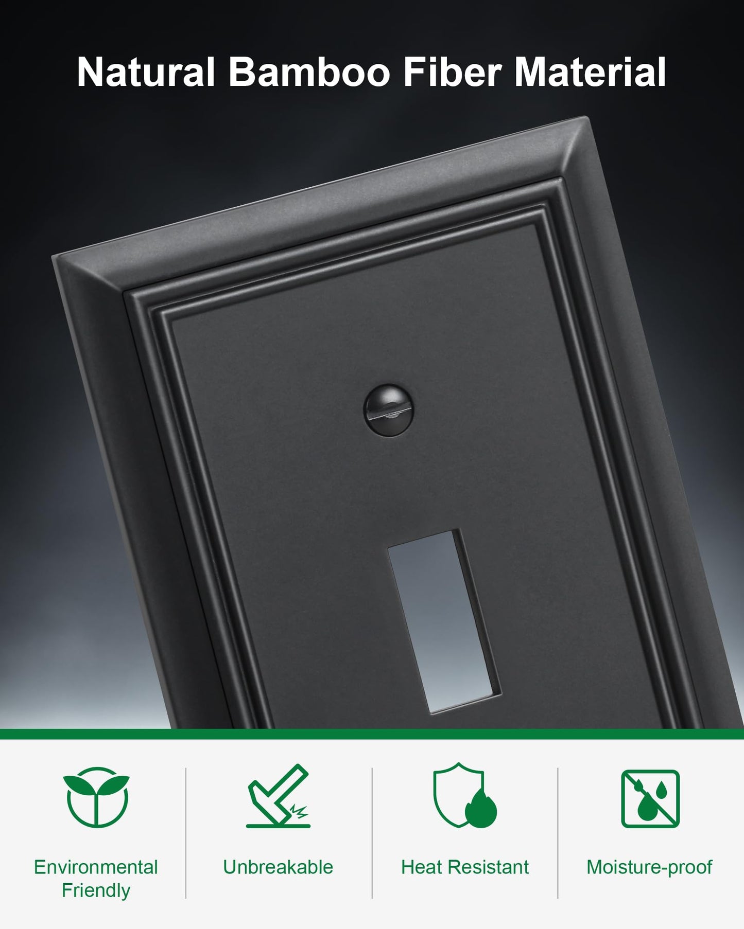 2-Pack Single Toggle Light Switch Cover Plate, Durable Natural Bamboo Fiber Decorative Switch Plate Covers, Matte Black 1 Gang Wall Plate, Corrosion Resistant