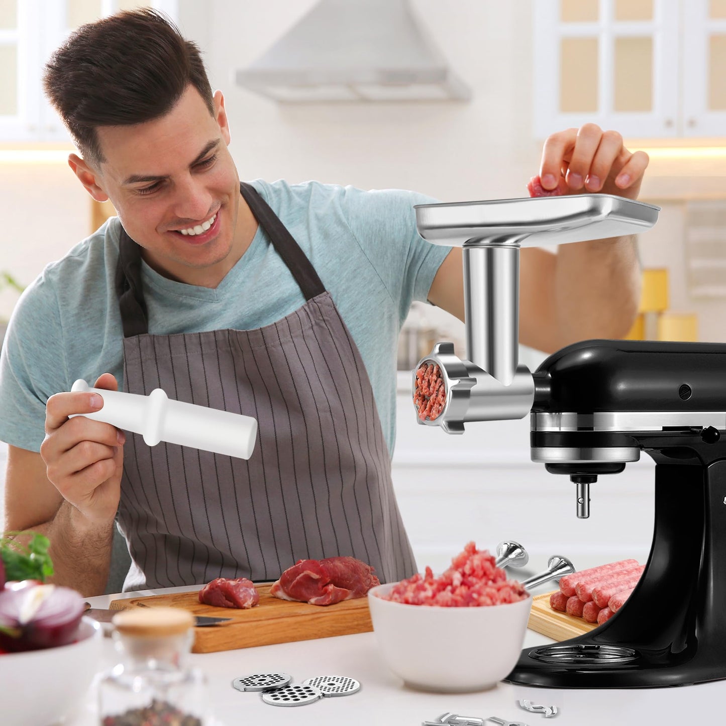 Stainless Steel Meat Grinder Attachment for KitchenAid, Stainless Steel Meat Grinder Attachment, Sausage Stuffer, Attachment for KitchenAid Mixers, Dishwasher Safe(Mixer Not Included)