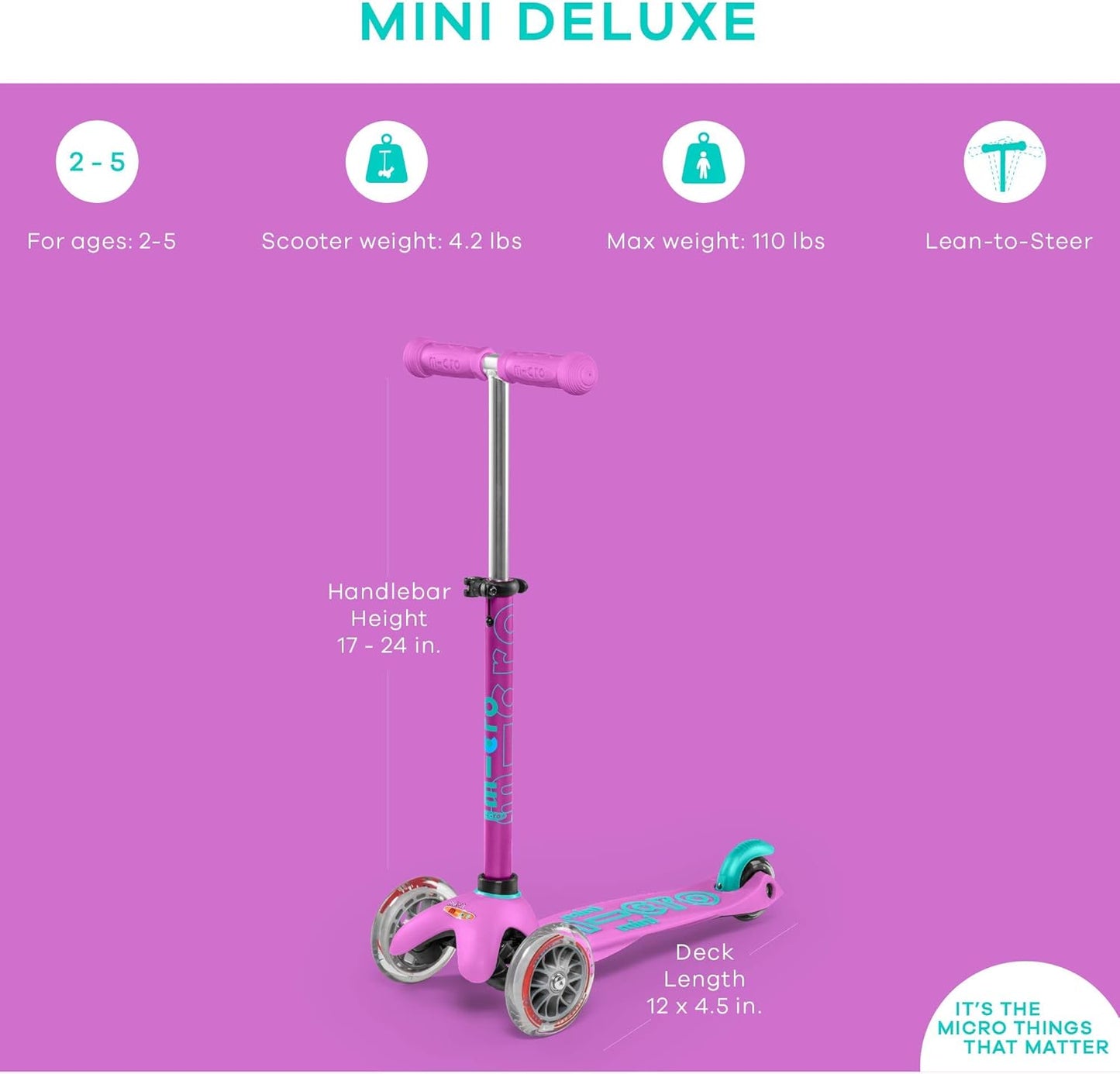 Micro Kickboard Mini Kids Scooter - Lean-to-Steer Design for Ages 2-5 | Adjustable T Bar | Smooth PU Wheels