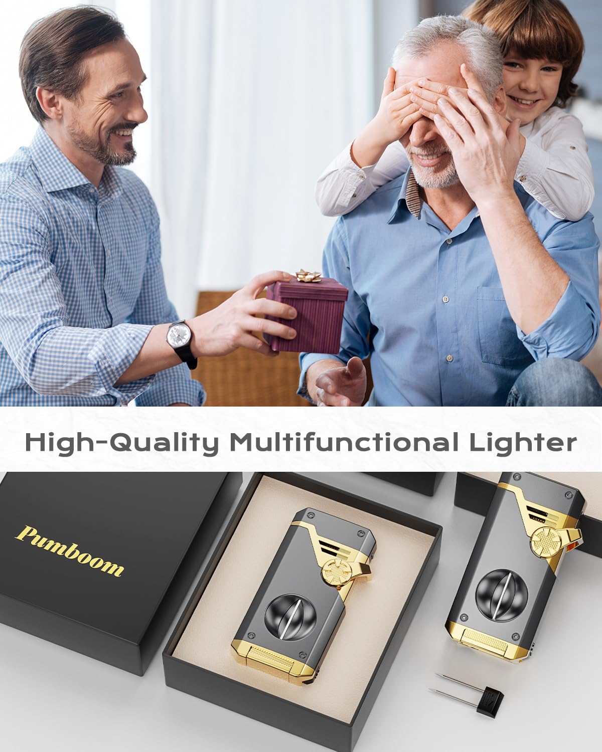 Torch Lighter 4 Jet Flame Lighter with Cutter, Punch, Holder, Draw Enhancer Tool, Multi-Functional Accessories Gifts Box for Men, Adjustable Refillable Butane Lighters for Candles, Outdoor Travel