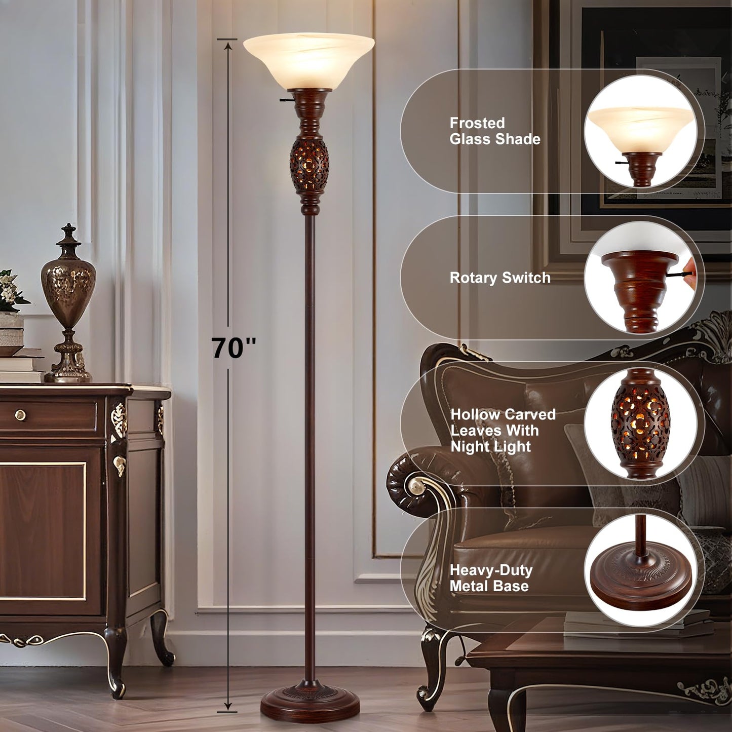 70" Torchiere Floor Lamp with NightLight - Victorian Style Standing Lamp for Living Room, Bedroom, Office - Retro Floor Lamps with Rotary Switch & Etched Glass Shade, Home Decor, Bulb Included