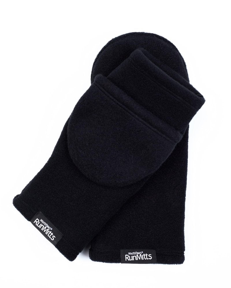 WhitePaws RunMitts Convertible Running Mittens, Double Velour Polartec Fleece, Thumbless Design with Hand Warmer Pocket, Made in USA (Black, Large)