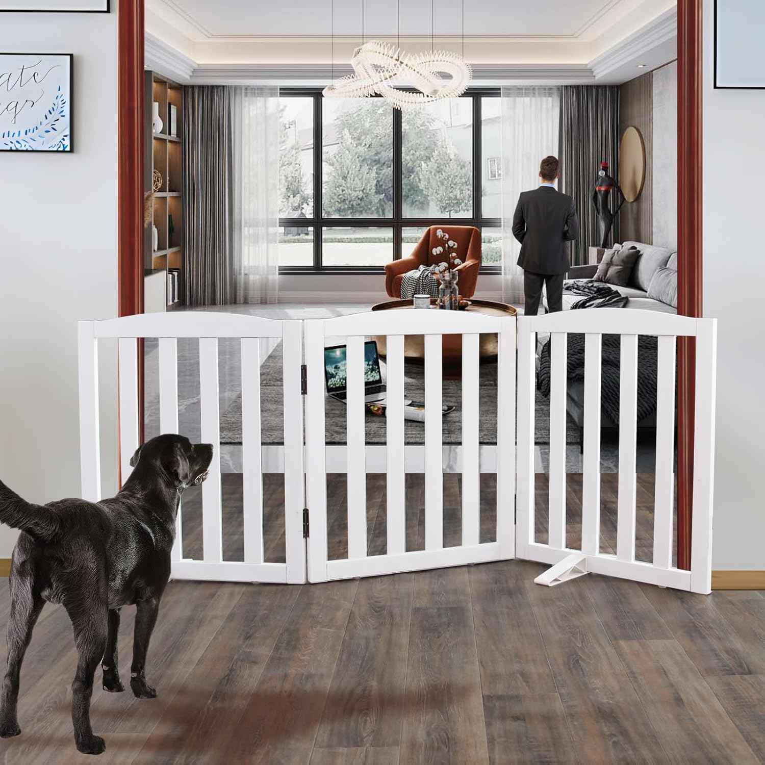 Foldable Indoor Dog Gate - 3-Panel Freestanding Pet Fence for Stairs & Hallways, 24" Height, White Wood