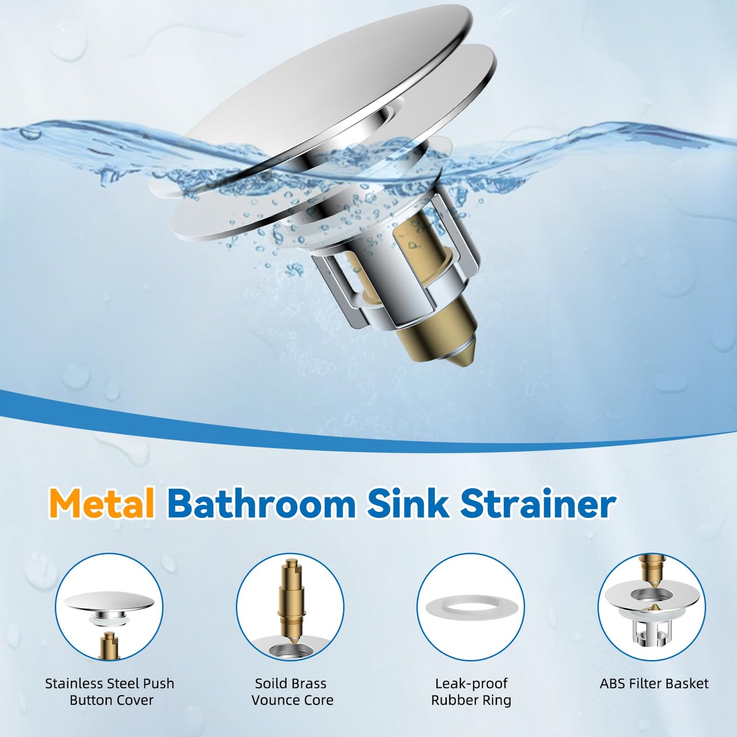 iFealClear Universal Bathroom Sink Stopper, Metal Pop Up Sink Drain Strainer with Detachable Hair Catcher, Fits 1.1"-2.36" US Basin, Wash Basin Drain Plug with Big Cover Cap, Brass Bounce Core, Chrome