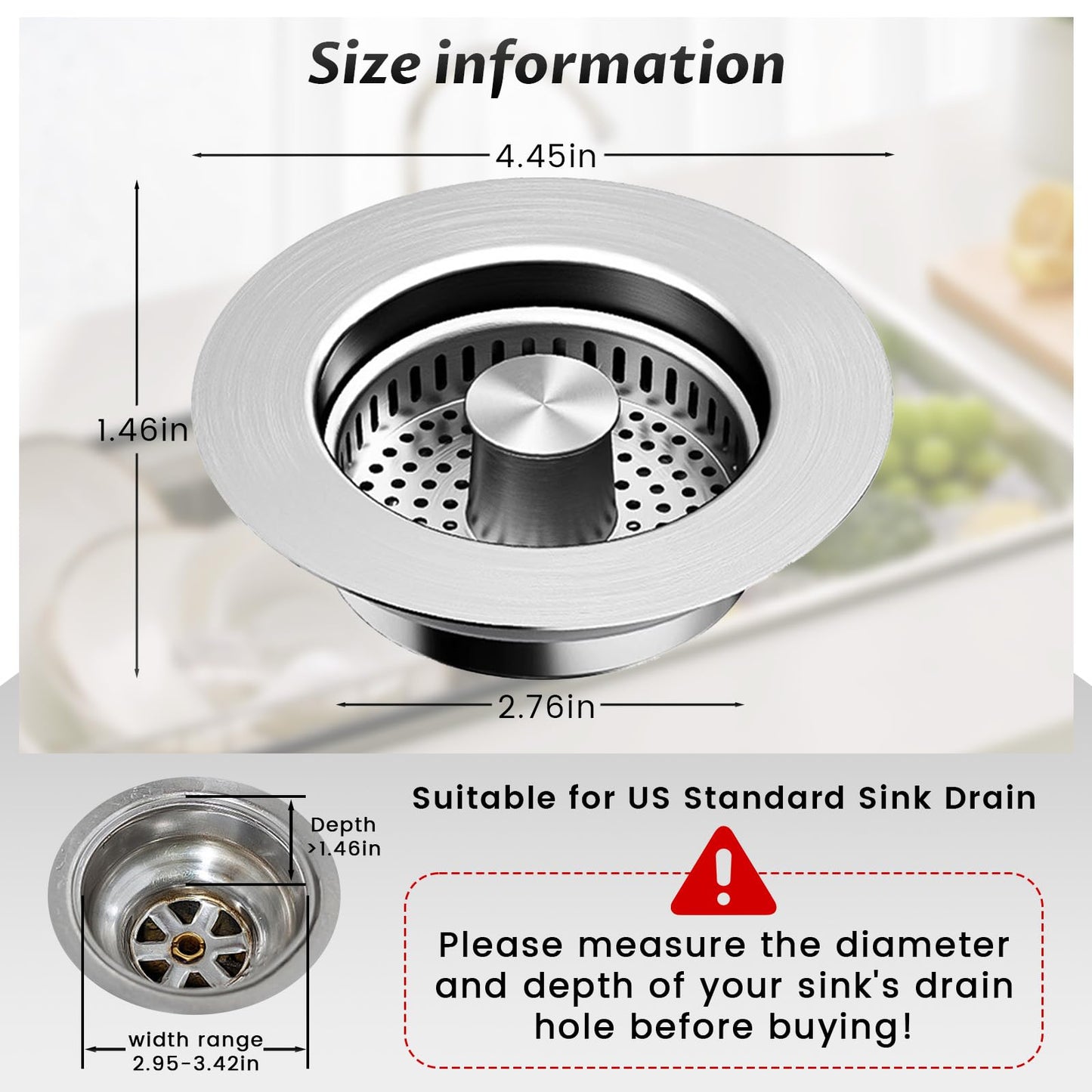 Kitchen Sink Drain Strainer – 304 Stainless Steel 3-in-1 Pop Up Design, Anti-Clogging Sink Strainer Basket for US Standard 3.5" Kitchen Drain, Water Storage & Debris Filter