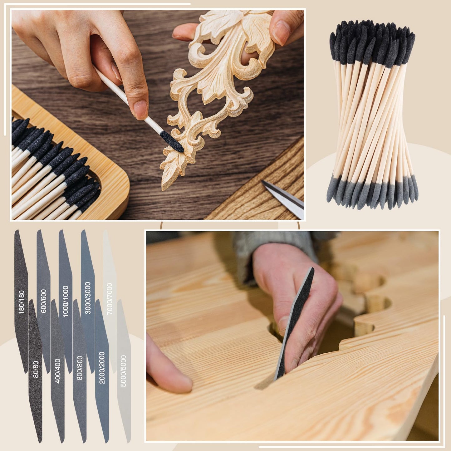 Wonderjune 40 Pcs Model Sanding Sticks Set Include 10 Polishing Sticks Assorted 30 Double End Matchsticks Fine Detailing Sanding Twigs Coded Abrasive Tools for Tight Spaces Models(Double Angle)