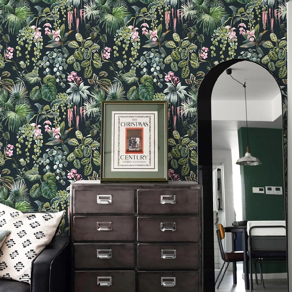 Ismoon Green Wallpaper Peel and Stick Vintage Floral Stick on Wall Paper 16.1x78.7in Moody Tropical Contact Paper Jungle Dark Botanical Leaf Removable Self Adhesive Wallpaper for Bedroom, Black/Green