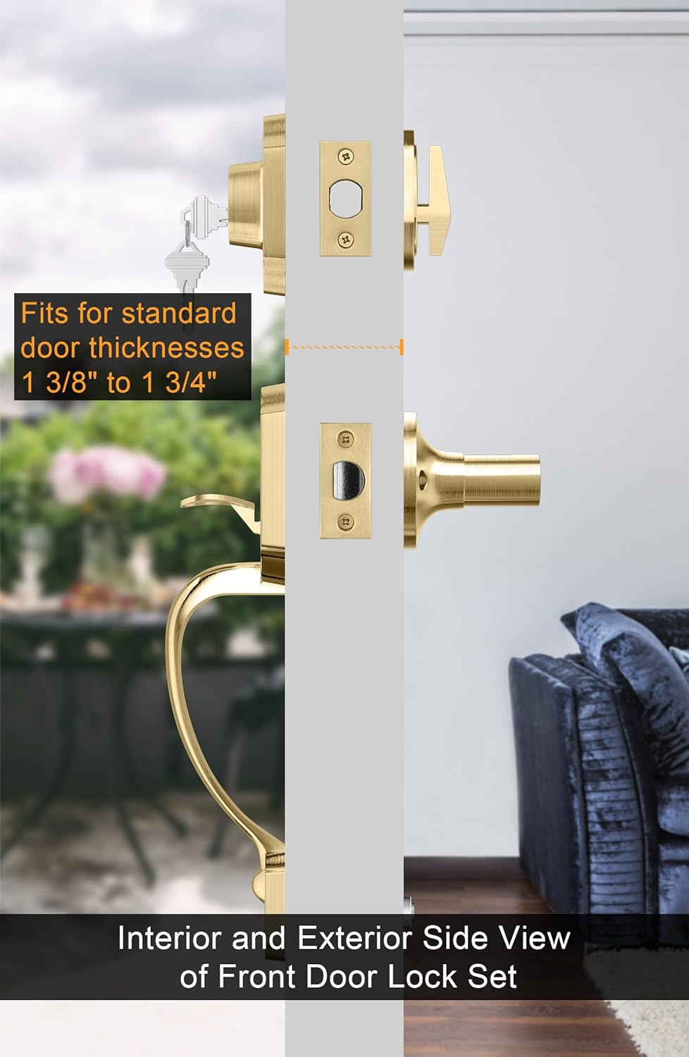 Gold Front Door Handle & Deadbolt Set - Reversible Lever Lock Hardware
