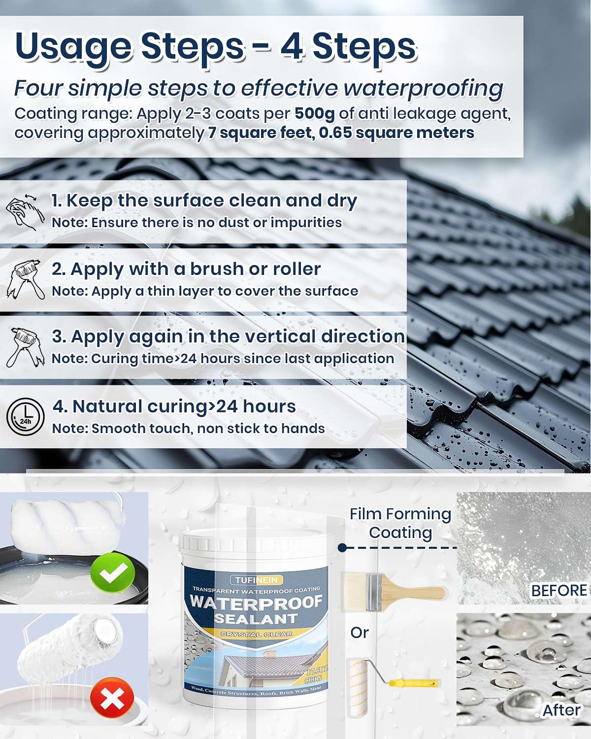 Waterproof Sealant 17.6oz Clear, TUFINEIN Transparent Waterproof Coating Water-Based Invisible Agent Roofs, Walls, Garden, Terraces Indoor & Outdoor