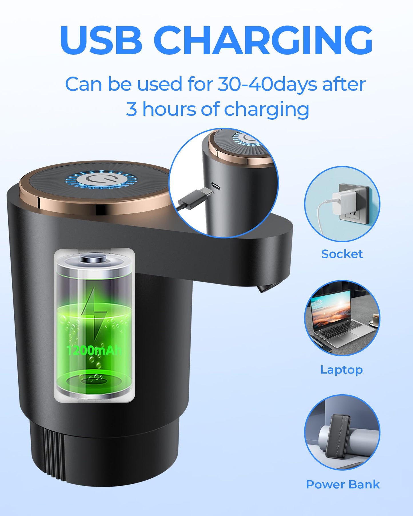 Water Bottle Pump, Portable Electric Water Dispenser Pump for 5 Gallon Bottles - USB Charging, Automatic Switch, Rechargeable Battery for Home Kitchen Room Camping, Black