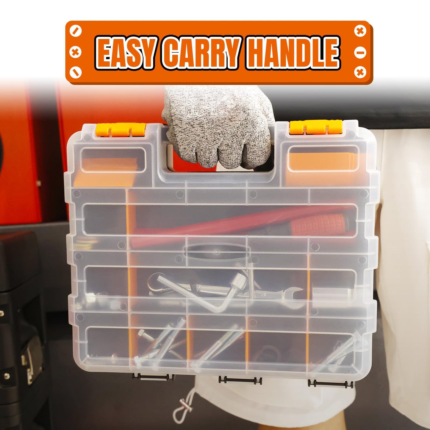 Tool Box with Transparent Lid, Double Side 34-Compartments Organizer Box with Removable Dividers for Hardware, Screws, Bolts, Nails, Beads, Jewelry and Fishing Accessories, Orange, 2 Packs
