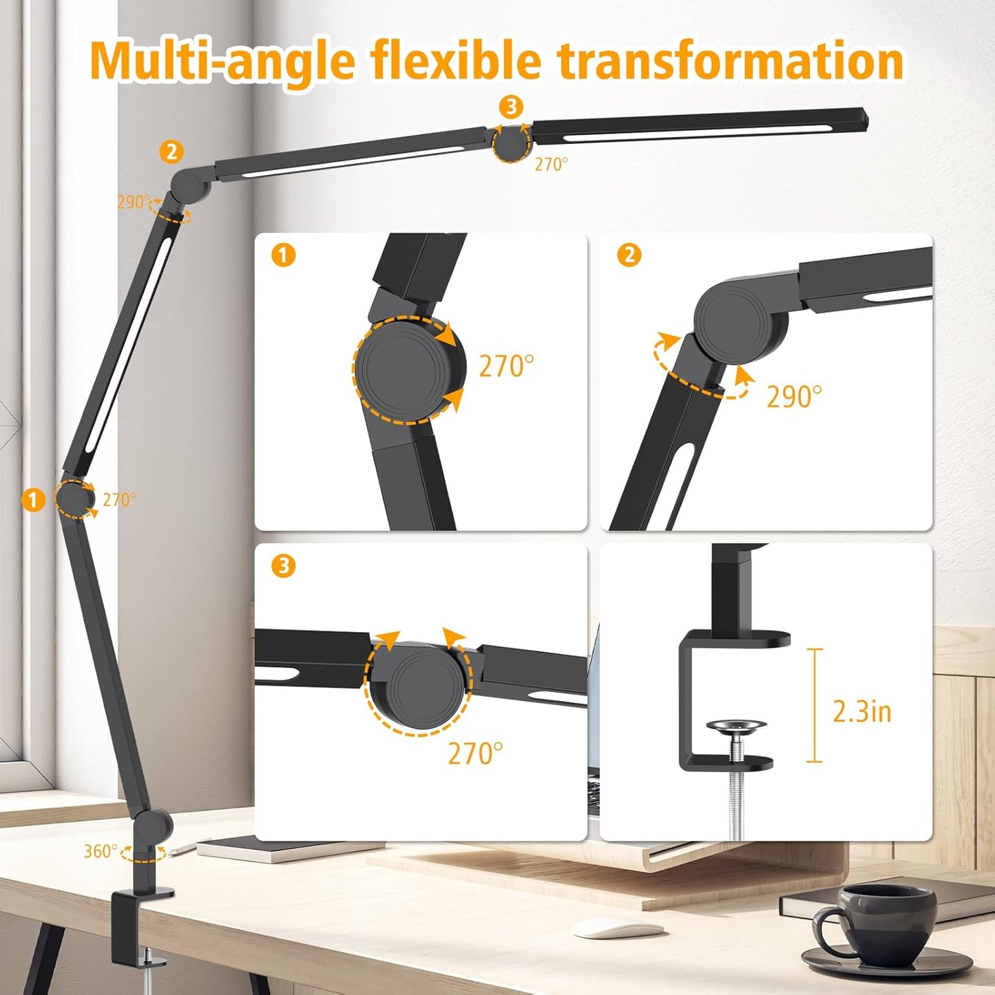 Adjustable LED Desk Lamp with Clamp - Dimmable Eye-Care Light for Home Office & Nail Tech