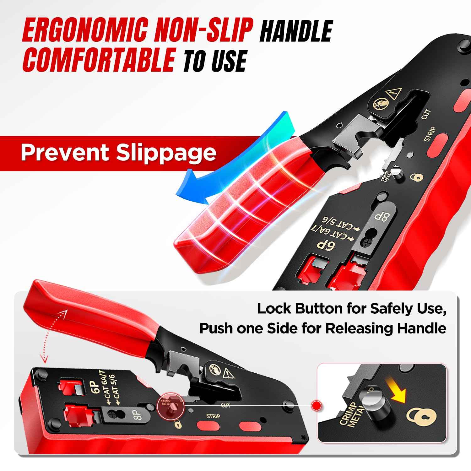AMPCOM Pass Through RJ45 Crimp Tool, All-in-one Ethernet Crimper, Crimping for STP UTP RJ45/ RJ11 Cat8 Cat7 Cat6A Cat6 Cat5e Cat5 Connectors, AM-728RD