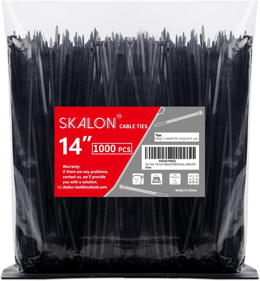 SKALON 14-Inch Black Zip Ties (1000 Pack) - UV Resistant, 50lb Tensile Strength for Indoor & Outdoor Use