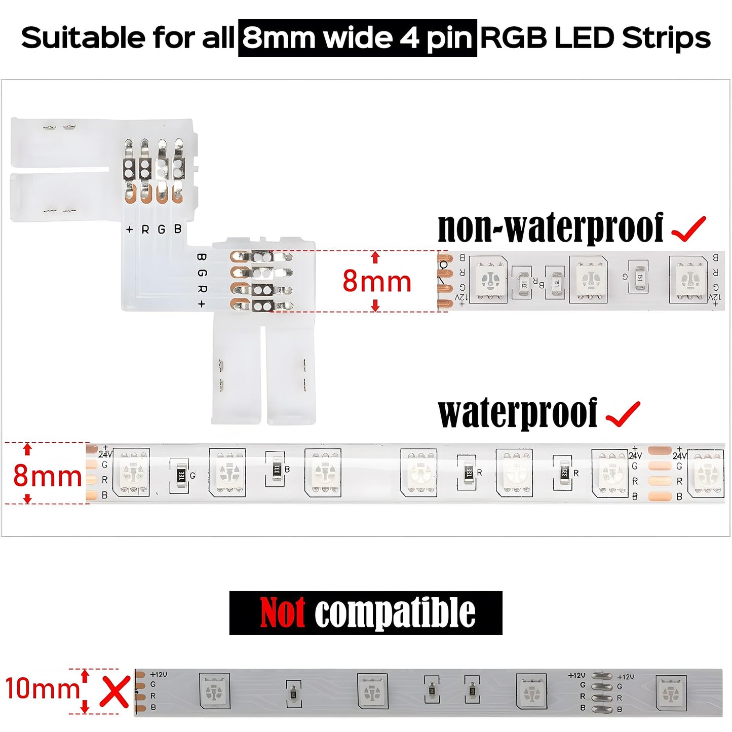 JACKYLED L Shape 8mm 4-Pin LED Strip Connectors 10-Pack Total 32pcs, Unwired Solderless LED Light Connectors for 8mm Wide 4-Pin Strip Lights - 8mm 4pin 10 Pack