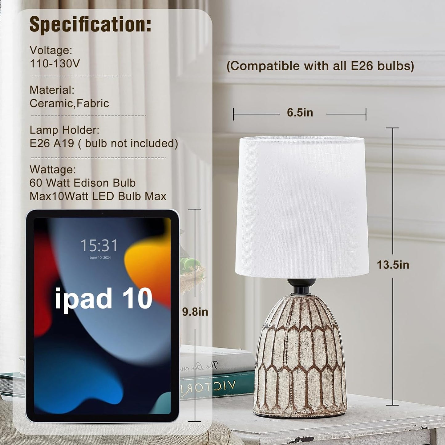 Boho Table Lamps Set of 2 - 13.5" Rustic Ceramic Bedside Lamps for Bedroom & Living Room