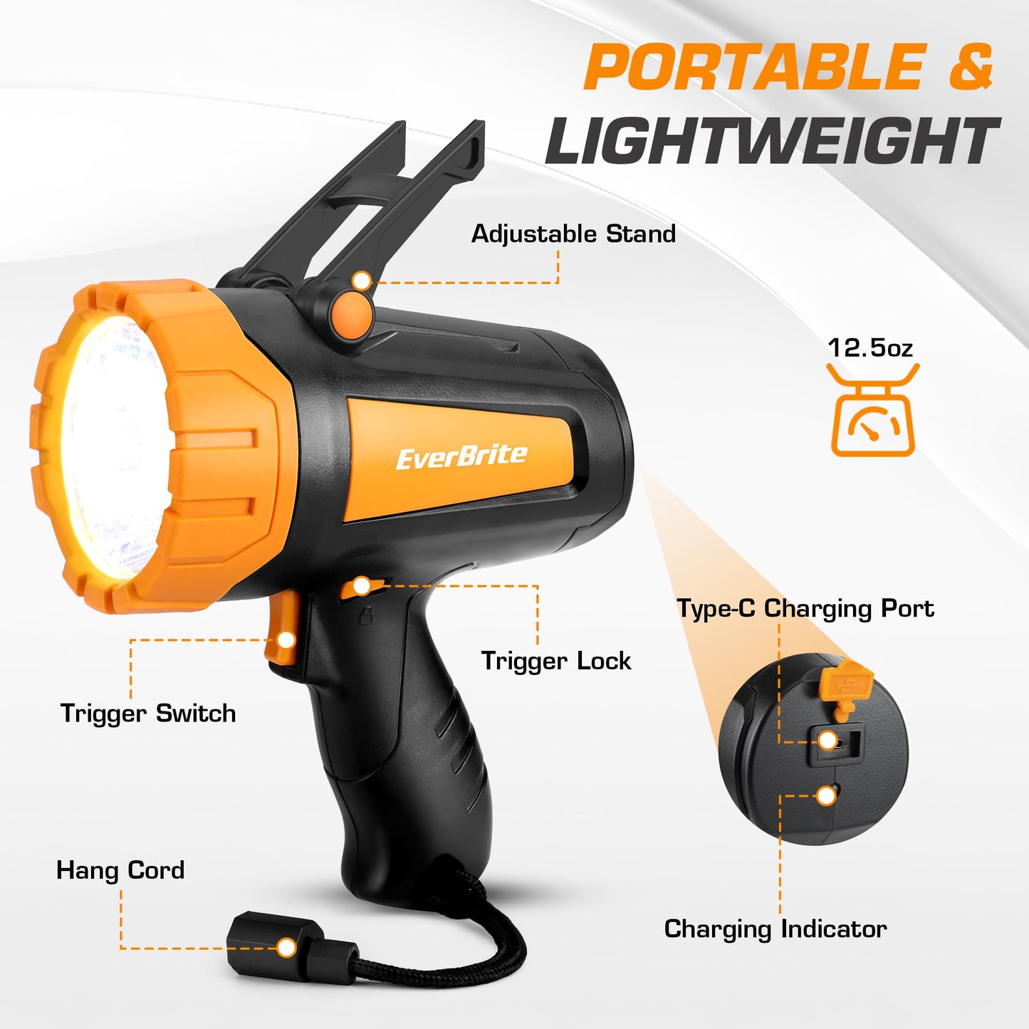 EverBrite Powerful Rechargeable Spotlight, 500lm LED Flashlight with Adjustable Stand, Perfect for Outdoor, Work, Emergency