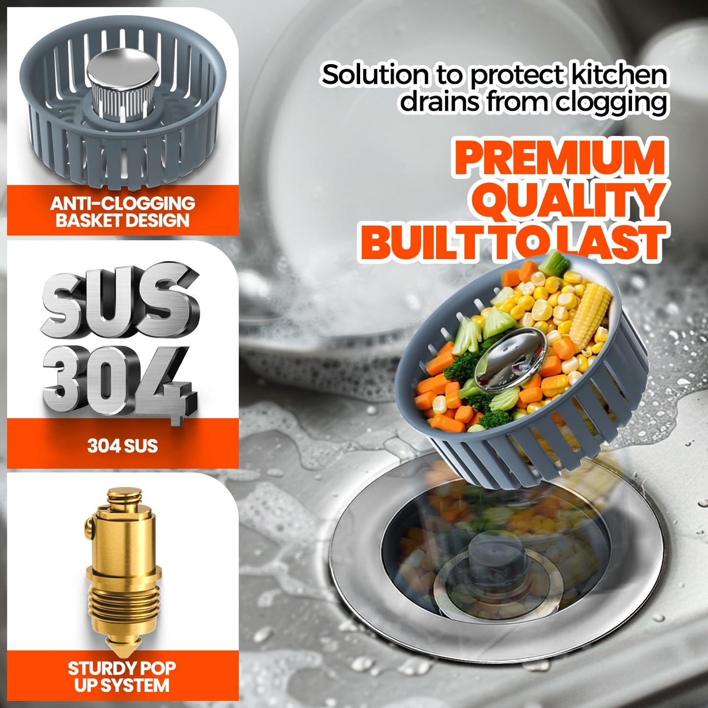 Nipoko Kitchen Sink Drain Strainer - Upgraded Kitchen Sink Stopper,Sink Stopper Kitchen Drain,Stainless Steel Drain Plug with Anti-Clog Basket Drain Stopper Combo,for Standard 3-1/2'' Drain,Grey