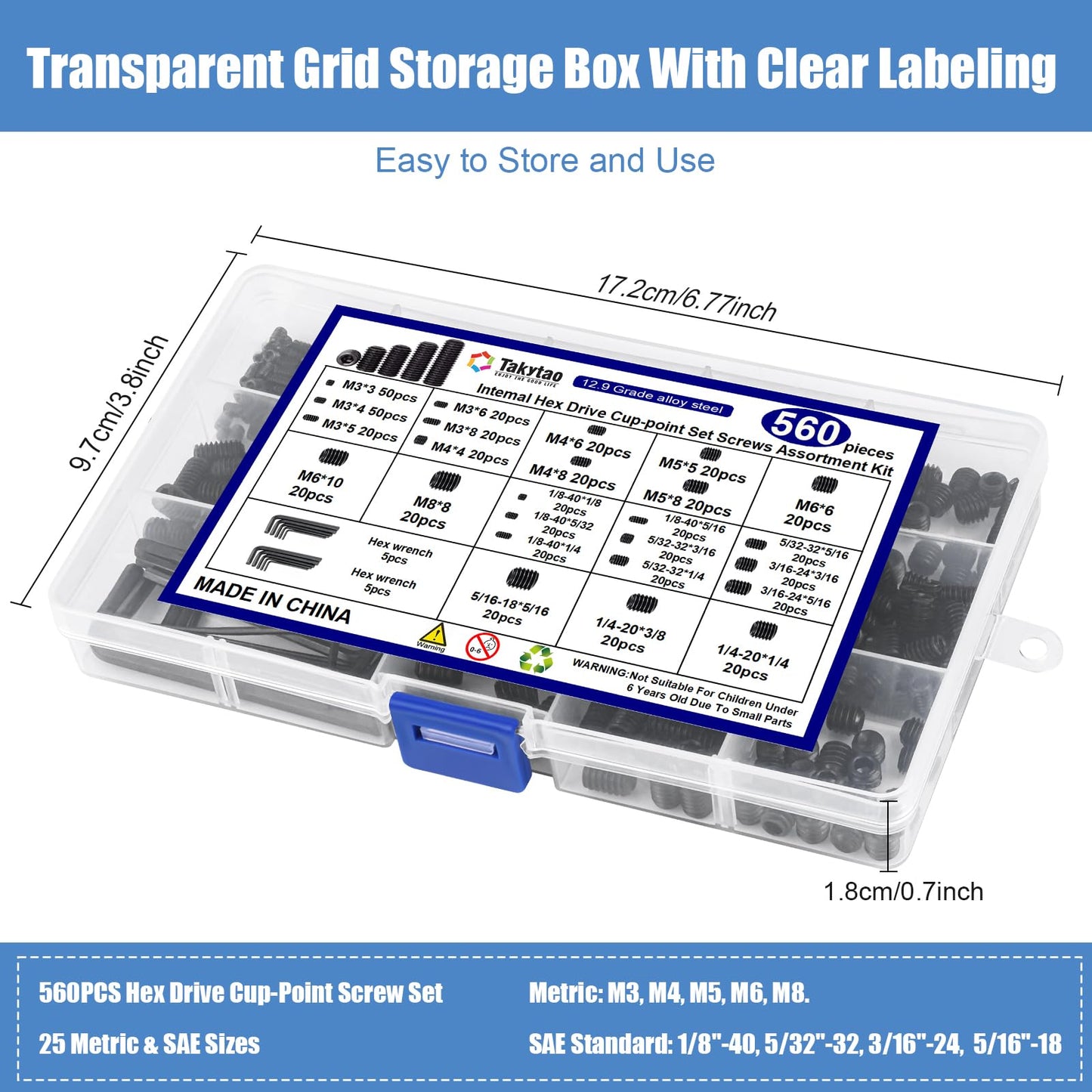 560PCS 25 Sizes Metric & SAE Set Screw Assortment Kit,12.9 Class Alloy Steel Internal Hex Drive Cup-Point Set Screws Assortment Kit with 10 Hex Wrenches, M3 to M8 and 1/8-40 to 5/16-18