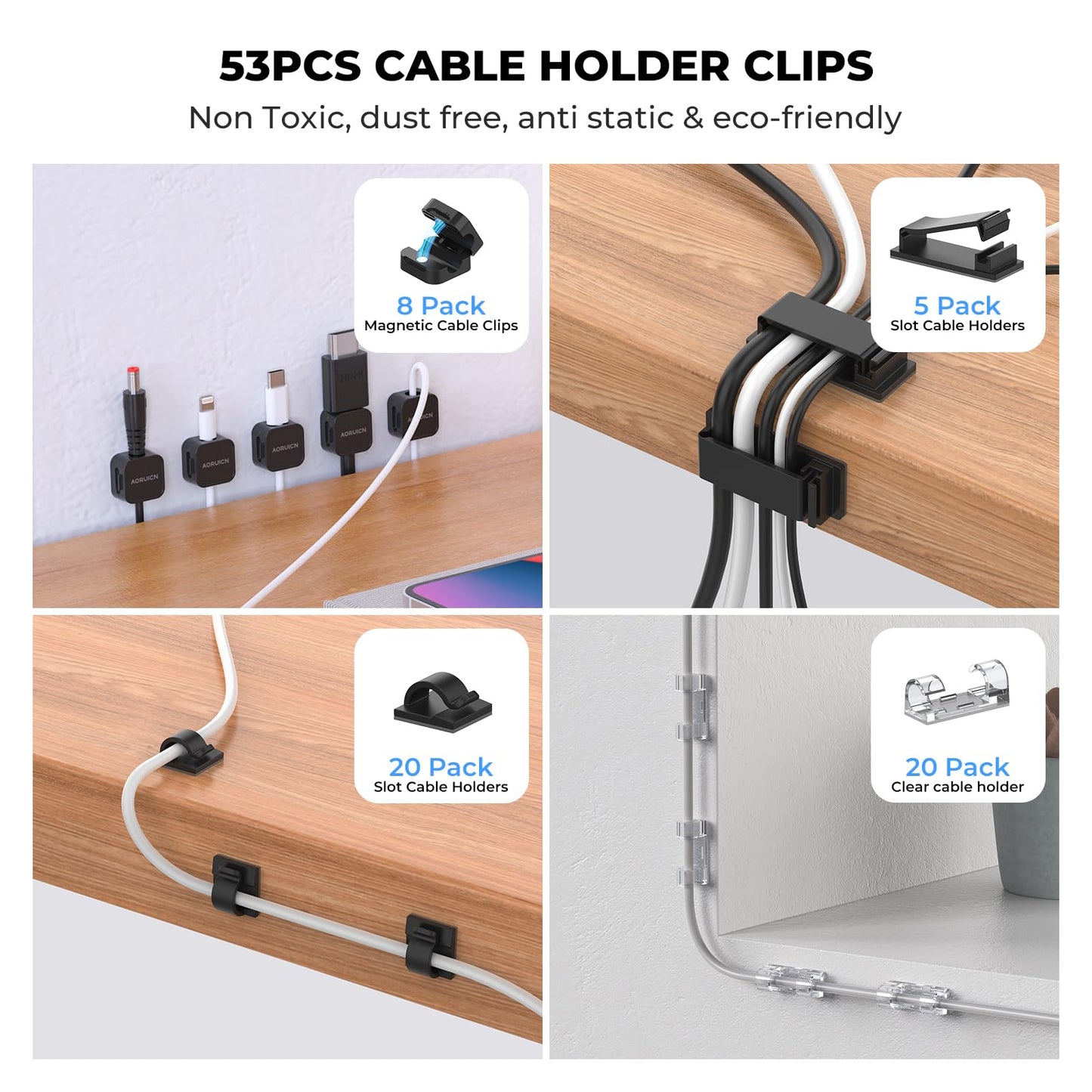 AORUICN 98 PCS Cable Management Kit, 4 Cable Sleeve, 8 Magnetic Cable Holder, 10 Self Adhesive Cord Organizer, 45 Cable Clips, 10+1 Roll Reusable Cable Ties with 20 Buckles for Computer TV Under Desk