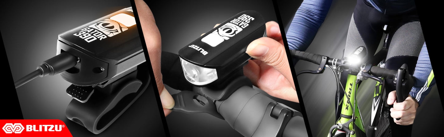 Bike Lights for Night Riding, Super Bright Bicycle Reflectors, USB Rechargeable Bike Lights Front and Back, Water-Resistant, 4+5 Modes Headlight Taillight Set for Safety, Men, Women & Kids Gator 390