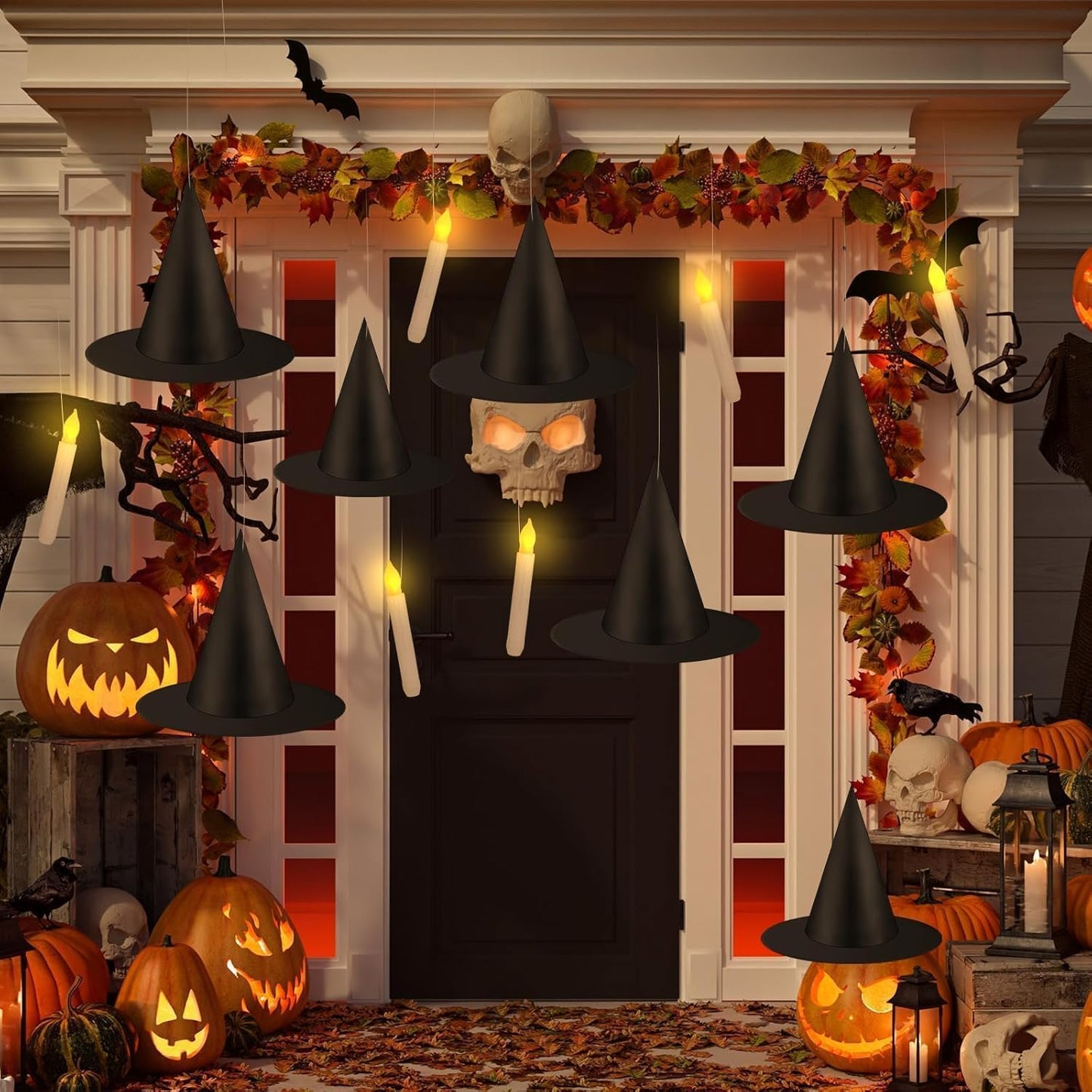 Halloween Witch Hat & LED Floating Candle Set - 80 Pcs with 3D Bat Wall Stickers for Spooky Decor