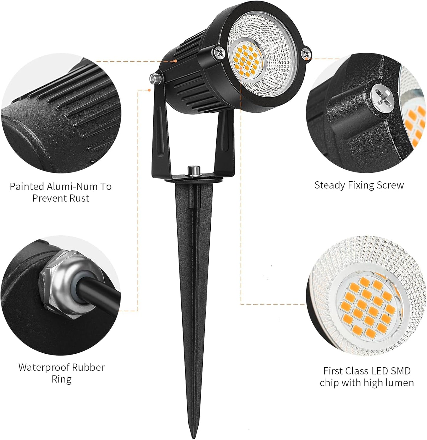 7W LED Low Voltage Landscape Lights - 700LM Warm White Spotlights for Garden Pathway | IP65 Waterproof | 12V/24V | 6 Pack