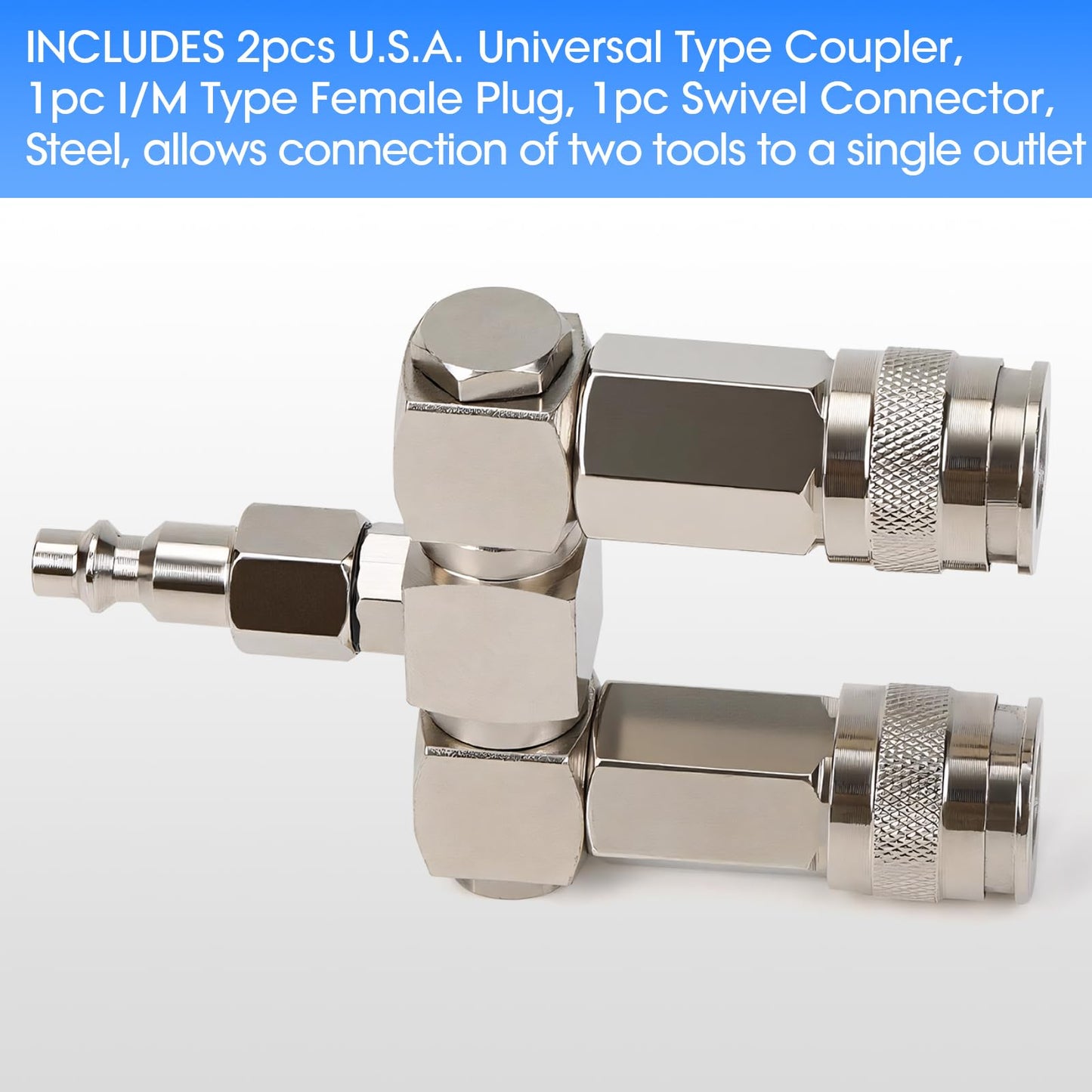 2-Way Air Hose Splitter with 360° Swivel, 1/4" NPT Steel Fittings - 300PSI Industrial Air Compressor Connector, Durable Quick Connect Accessories
