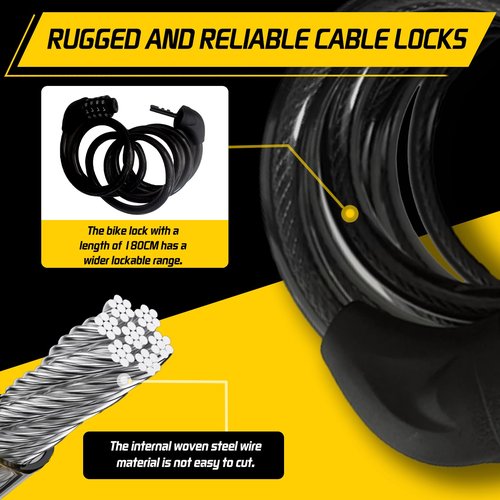Bicycle Cable Lock, 4-Digit Combination, 6-Foot Long, Resettable Anti-Theft Bicycle Lock,Accessories for Mountain Bike, Road Bike, Electric Bicycle, Scooter(Black)