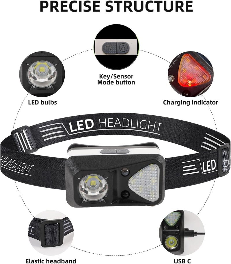 Hilngav 6 Pack Rechargeable Headlamp Flashlight, LED Head Lamp with White Red Light, Super Bright USB-C Headlight Motion Sensor Head Lamp for Adults 11 Mode Outdoor Camping Running Hiking Fishing