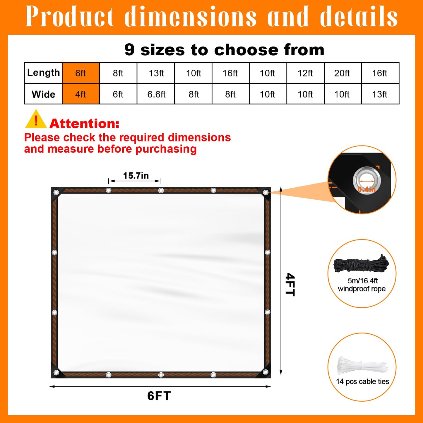 4x6ft Clear Waterproof Tarps Heavy Duty Transparent Tarpaulins Clear Vinyl Tarps with Grommet, Outdoor Transparent Cover for Greenhouse, Patio, Porches, Tent, Chicken Coop