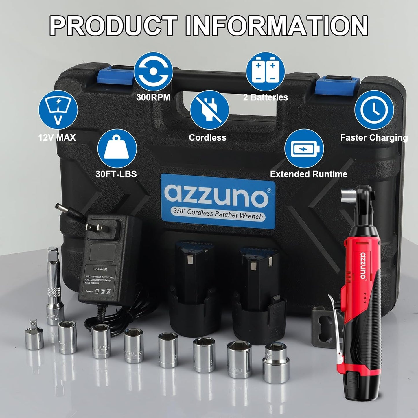 AZZUNO Cordless Electric Ratchet Wrench Set - 30 Ft-lbs, 300 RPM, 2 Batteries & 7 Sockets