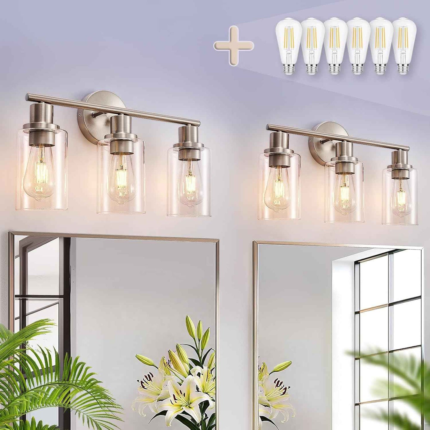Modern Black 3-Light Bathroom Vanity Light Fixtures with Clear Glass Shades - 2 Pack
