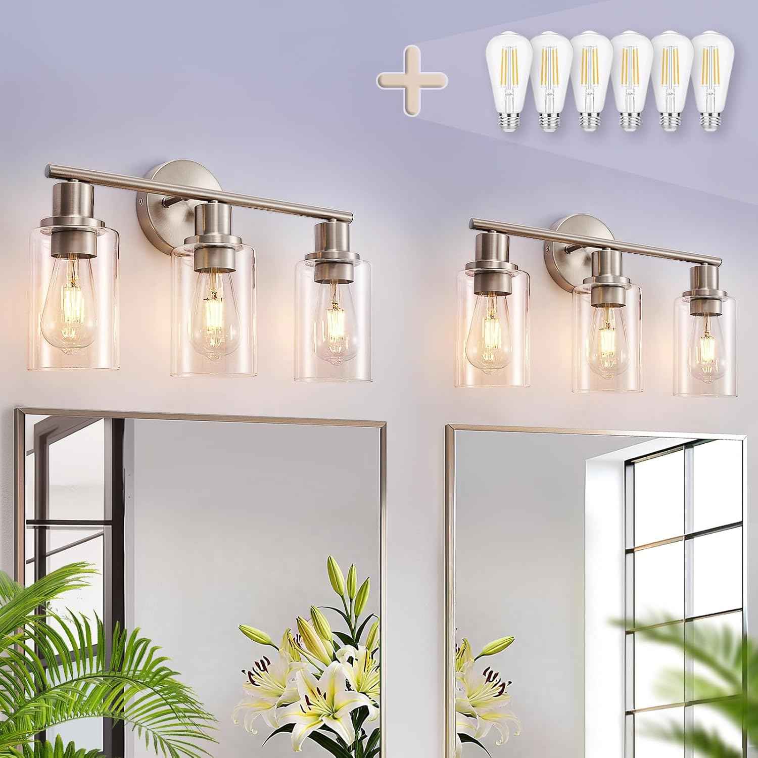 Modern Black 3-Light Bathroom Vanity Light Fixtures with Clear Glass Shades - 2 Pack
