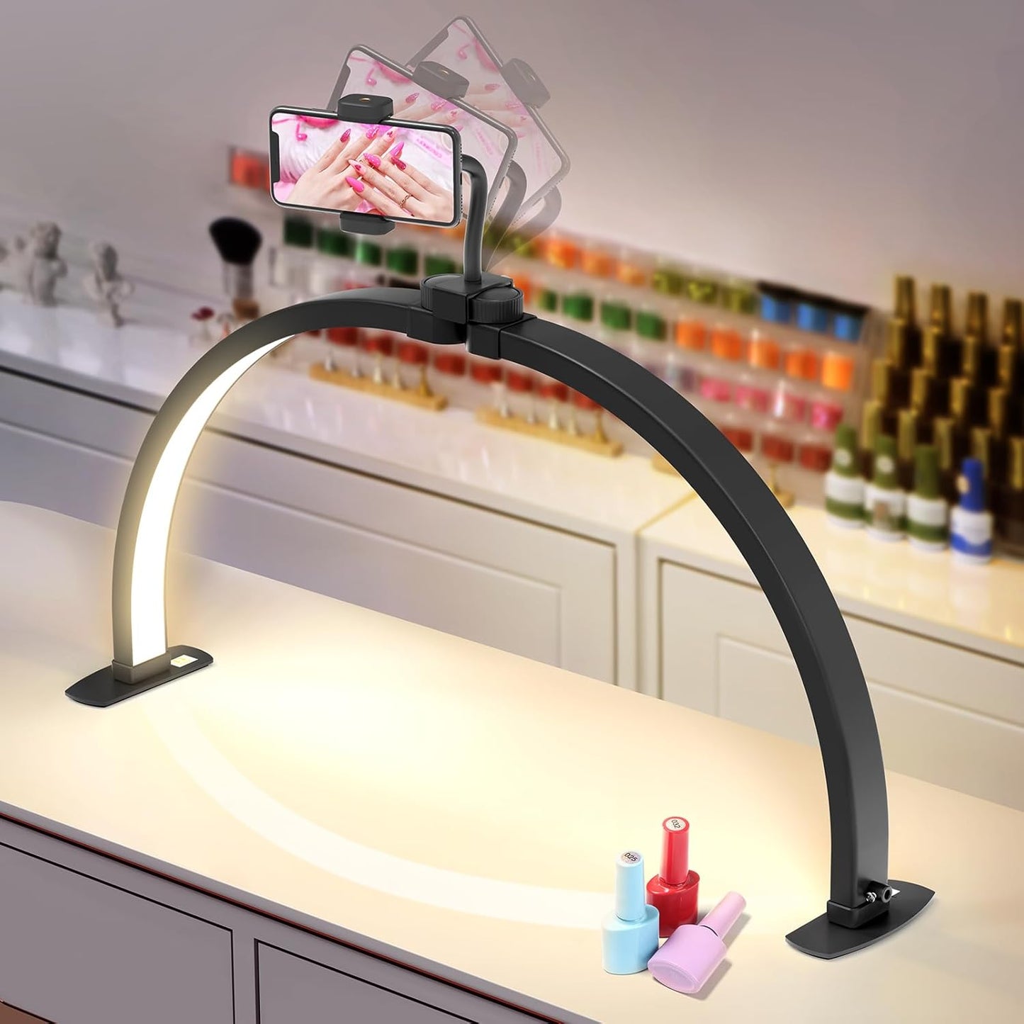 Yokilly Foldable Half Moon Nail Desk Lamp with Phone Holder - 3 Color Modes & 10 Brightness Levels for Manicure Salon
