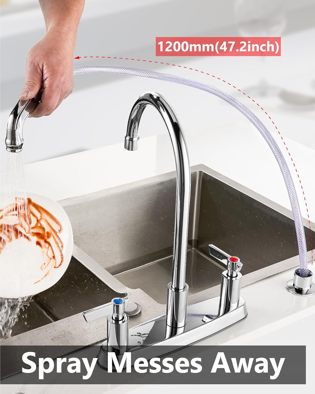 Brushed Nickel Kitchen Faucet with Sprayer - 2 Handle 8-Inch Centerset 3 Hole