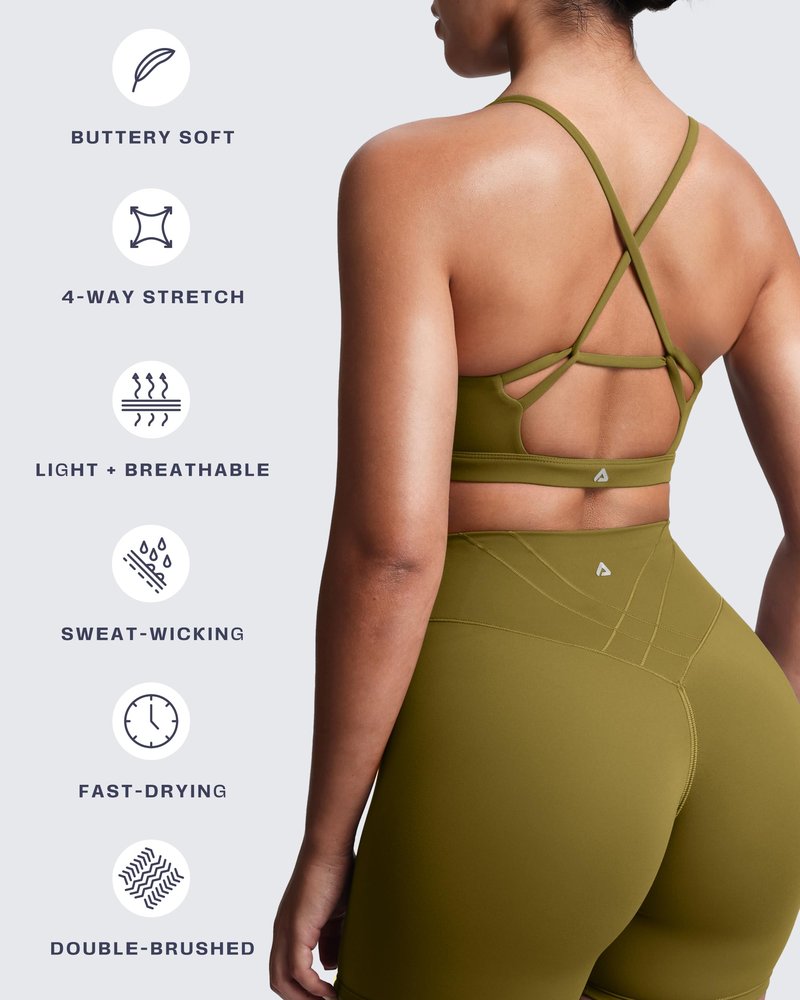 Aoxjox Women's Workout Sports Bras Cross Back Fitness Athletic Velura Ruched Bra PlushFlex™ Yoga Crop Tank (Moss, Medium)