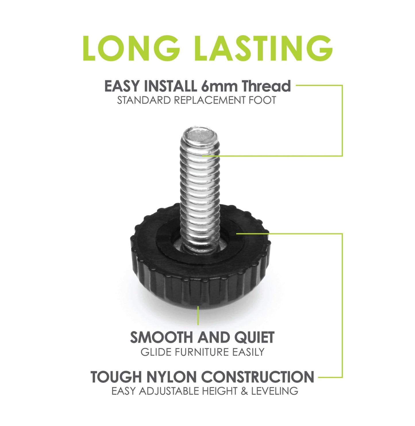 Slipstick Gorilla Outdoor Adjustable Furniture Levelers (8 Pack) Weatherproof Screw in Leg Glides for Chairs, Tables, and Outdoor Furniture Feet, 7/8 Inch Nylon Spherical Glide, M6 Thread