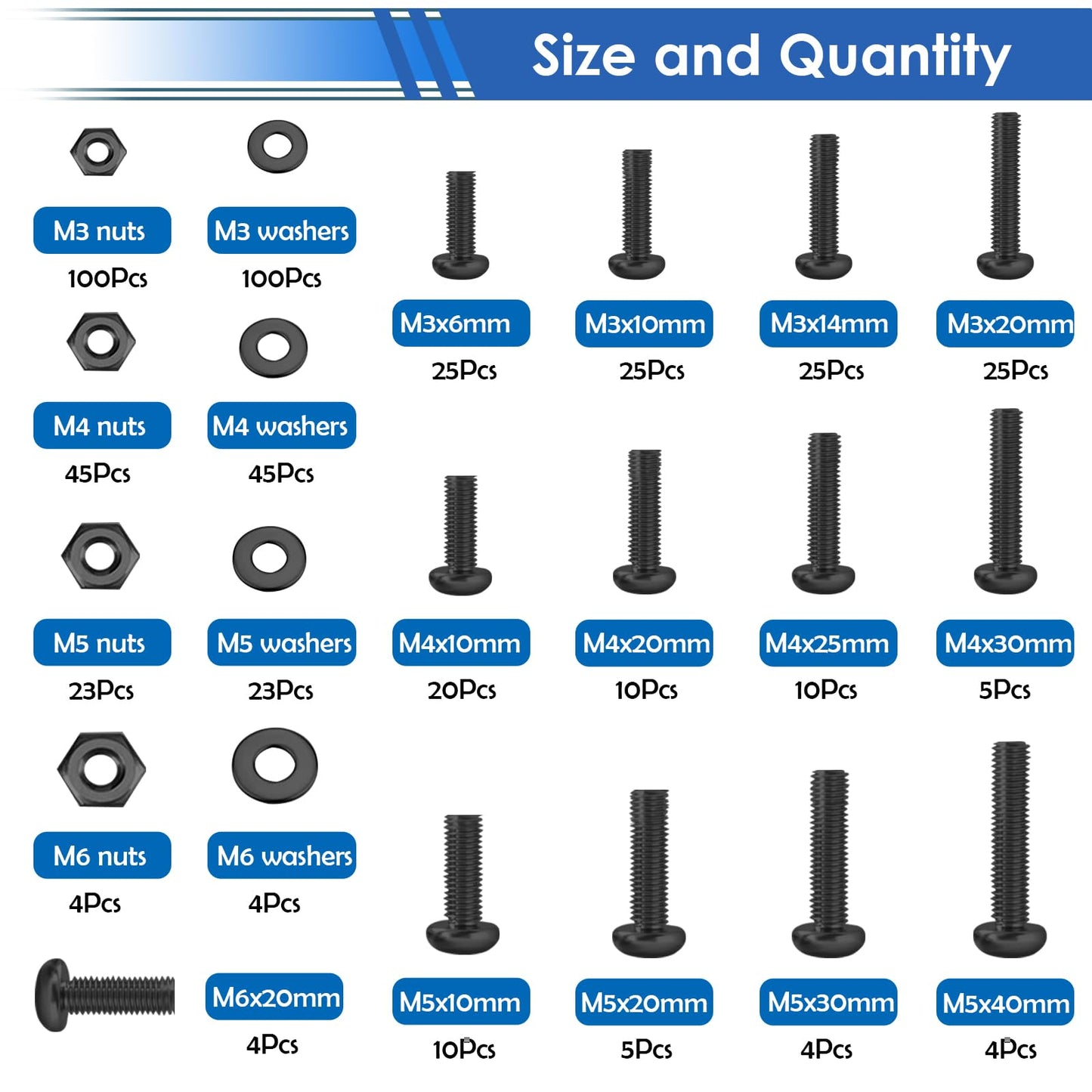 smseace 516Pcs Black Nuts and Bolts Assortment Kit 21-Sizes M3/M4/M5/M6 Nut Bolt Washer Assortment Kit for Machinery, Furniture, Automotive, Motorcycle Repairs