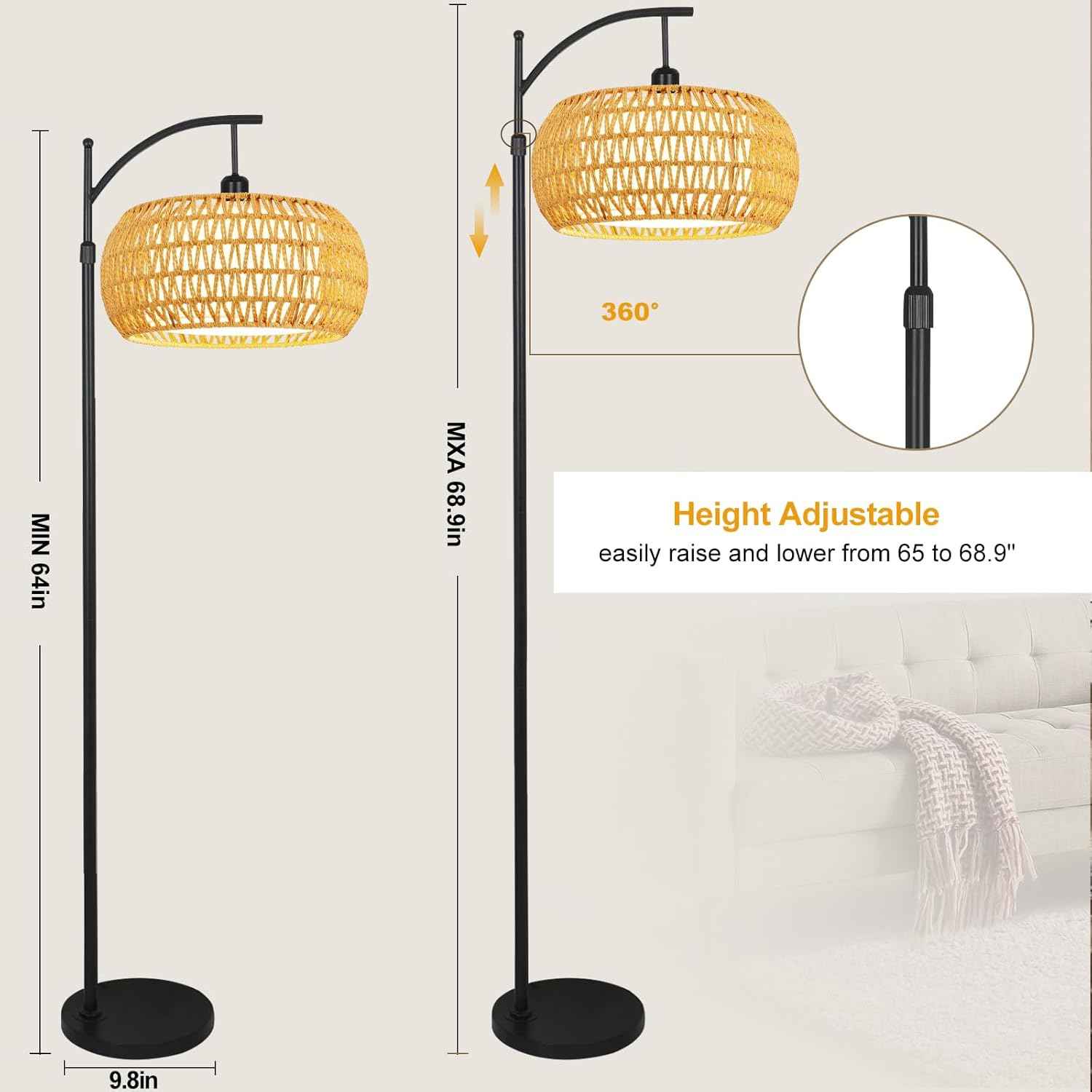 Boho Gold Floor Lamp with Remote Control | Dimmable Rattan & Wicker Design for Living Room