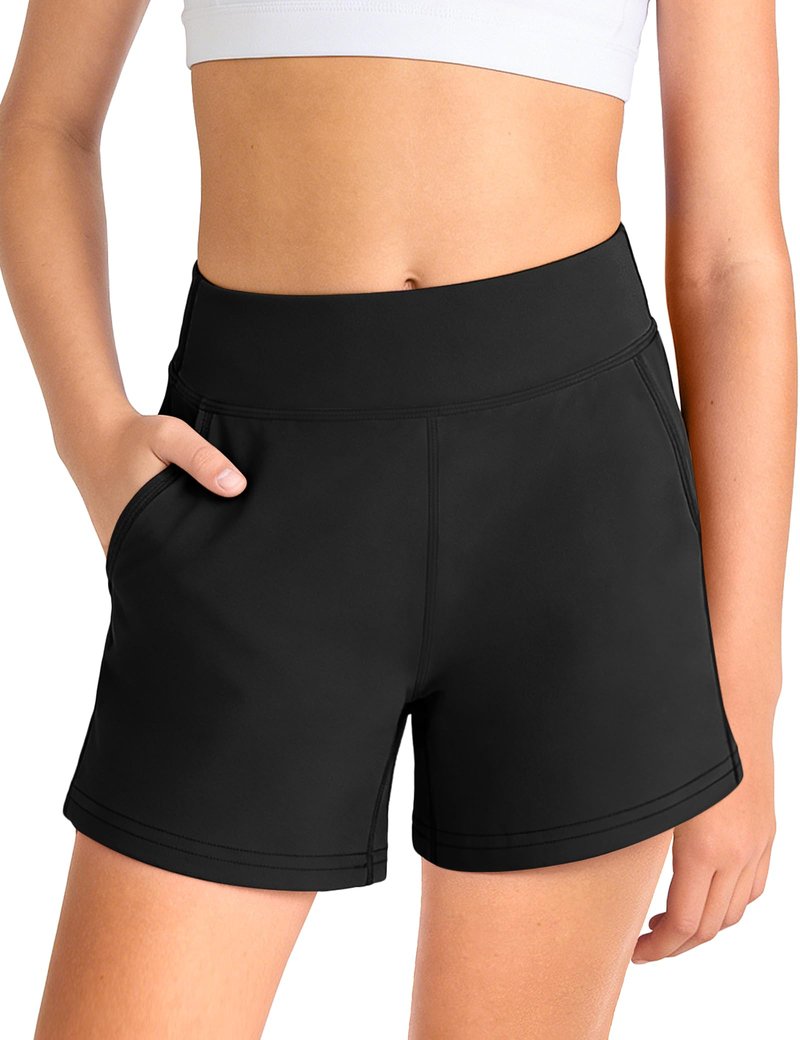 HASMES Girls High Waisted Athletic Shorts with Pockets for Yoga Running Gymnastics for Kids 7-14Y Black