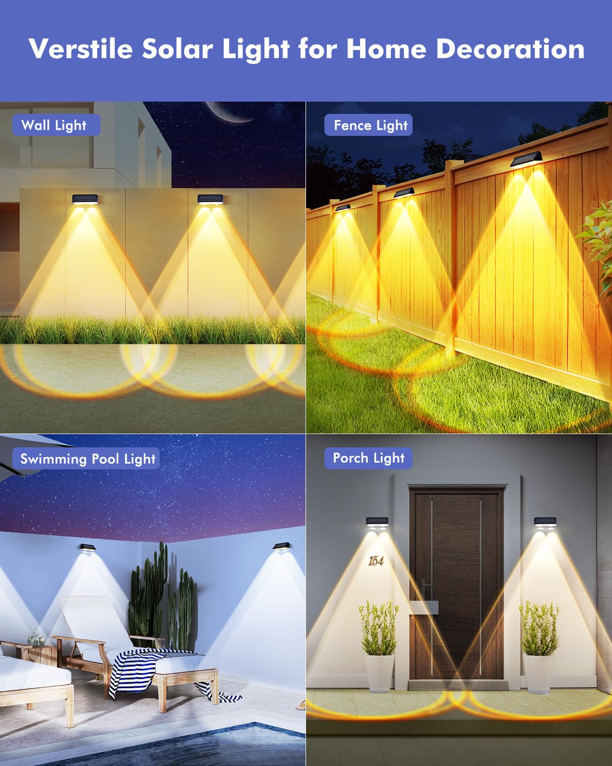 Wanderblooms Solar Fence Lights Outdoor 2 Pack, Fence Lights Solar Powered, 3 Modes(Warm/Neutral/Cool White) Solar Deck Light with Auto ON/Off, LED Lens for Deck/Wall/Step/Patio/Pool/Backyard