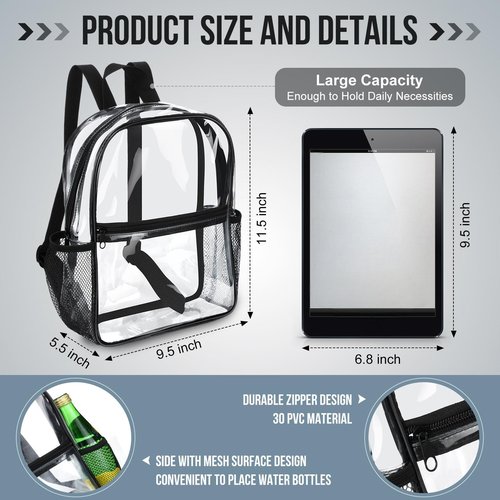 Sweetude 6 Pcs Clear Backpack bulk 11.4 x 9.5 x 5.1 Inch Bag Stadium Approved Plastic Transparent Backpack with 2 Water Holders (Black)