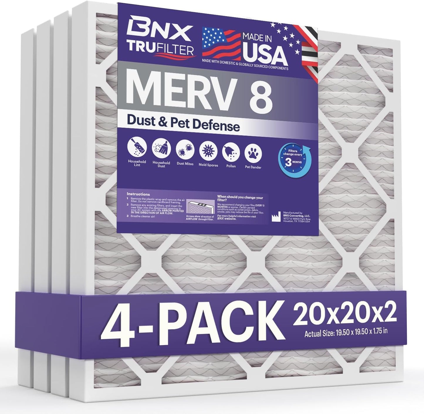 BNX TruFilter 12x12x1 MERV 8 Air Filters (6-Pack) - USA-Made Dust & Pet Defense for HVAC