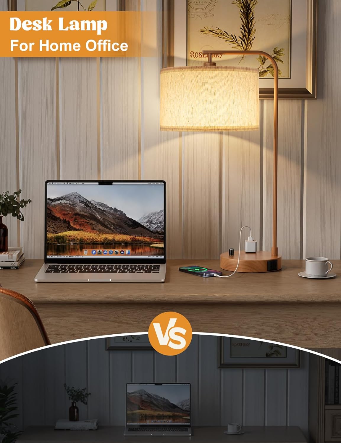 Dimmable Tall Table Lamp with USB Port & Outlet - Linen Shade Bedside Desk Lamp for Bedroom, Living Room, Home Office
