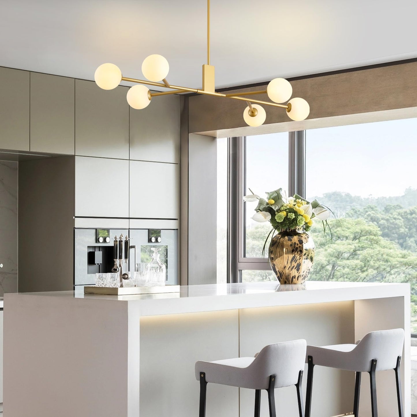 3WWWUEE Modern Gold Sputnik Island Light, 6-Light Glass Linear Chandelier for Dining Room, 46'' Ceiling Pendant Light Fixture with Globe Lampshade, Large Hanging Lamp Over Table, Bar, G9 Base