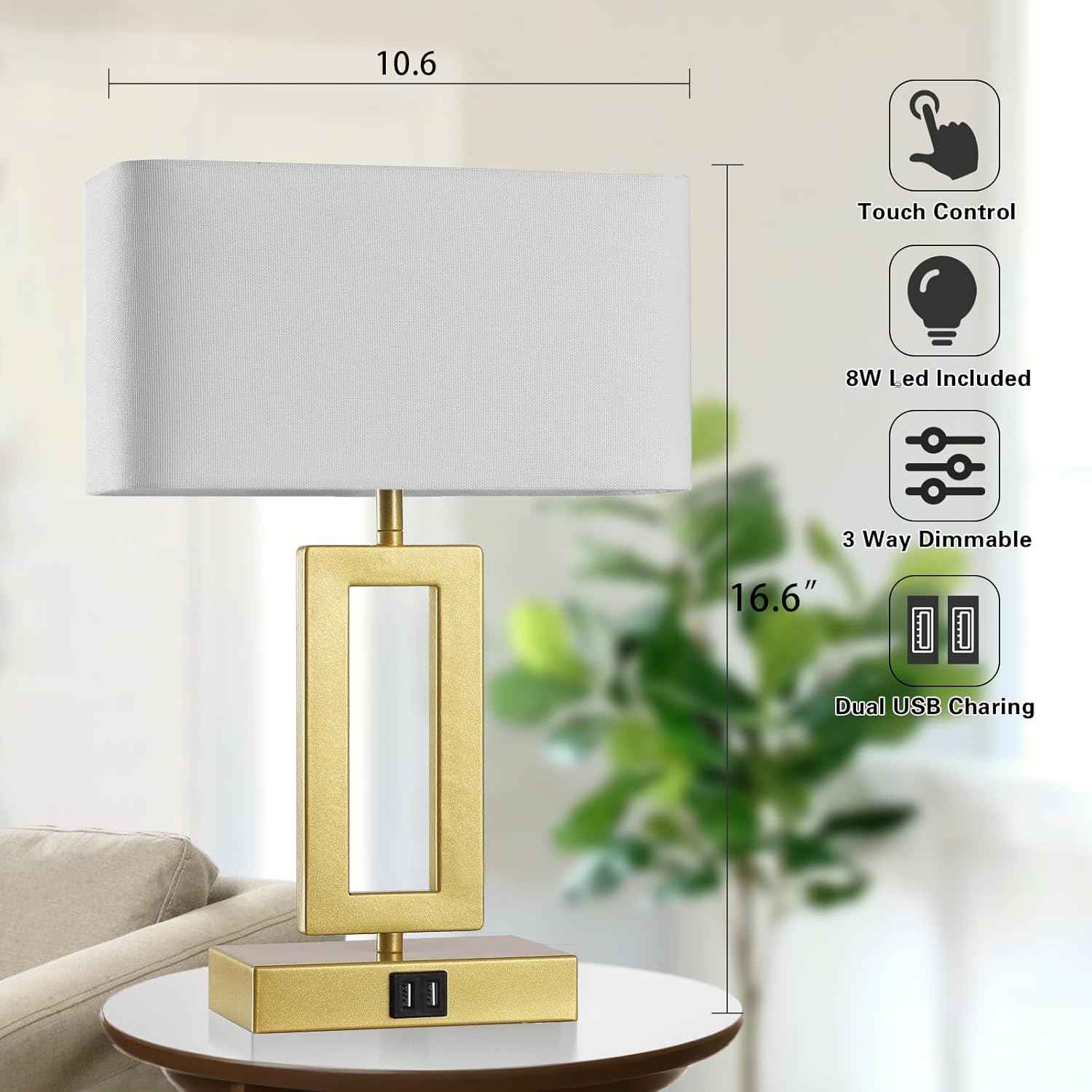 Gold Table Lamps Set of 2 - 3-Way Dimmable Touch Control with USB Ports, 22” Modern Design for Bedroom & Living Room