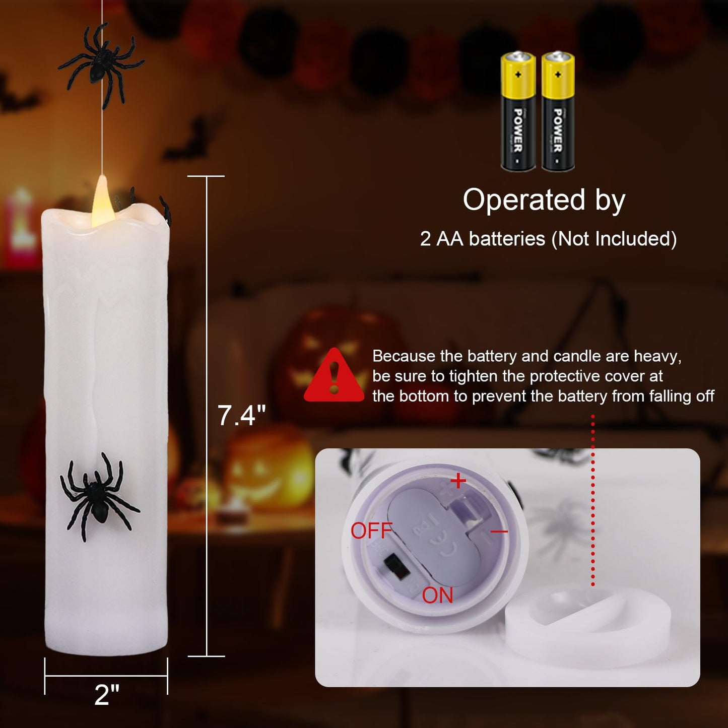 KunSwenn Halloween Floating Candles Flameless with 3D Spider, Set of 4 Hanging Candles Floating with Fishing Line, Floating Candle with Remote, Halloween Candle with 3 Black Spider for Home Decor